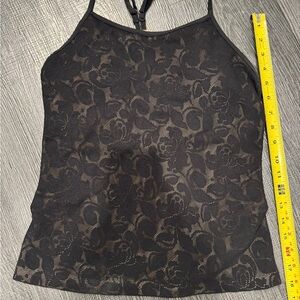 Fila black lace tank top, razorback style, built in shelf bra for removable cups